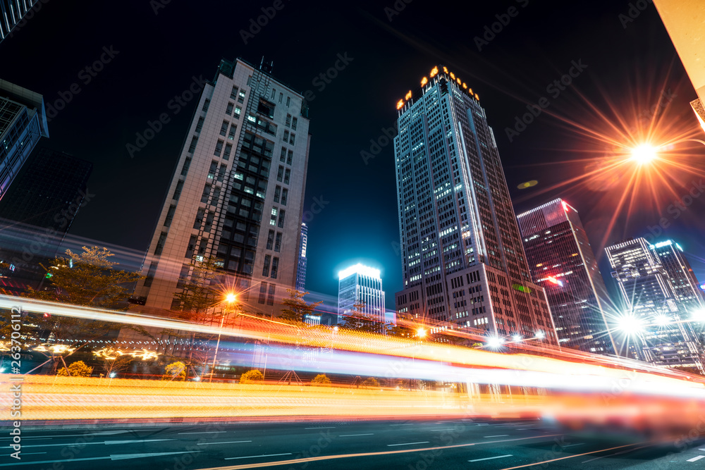 Road City Nightscape Architecture and Fuzzy Car Lights..