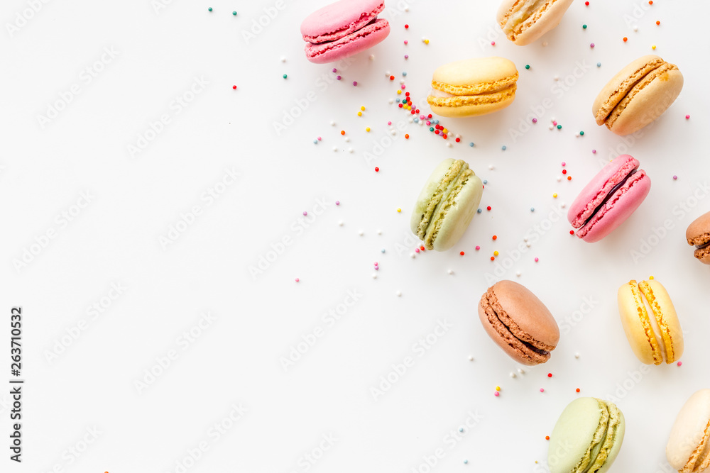 sweet dessert pattern with macarons on white background flat lay mockup