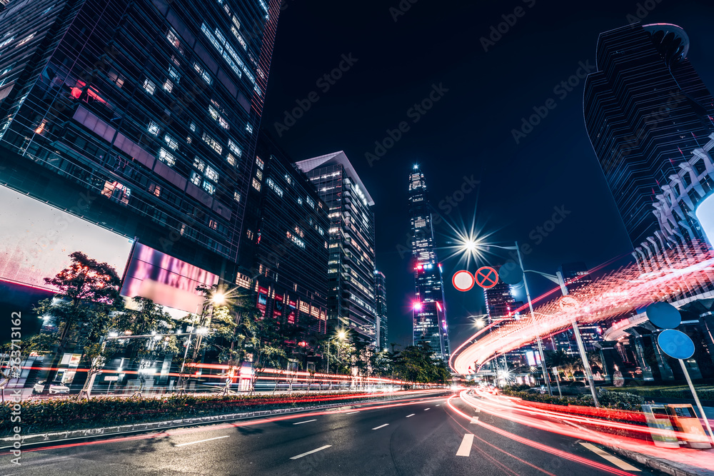 Road City Nightscape Architecture and Fuzzy Car Lights..