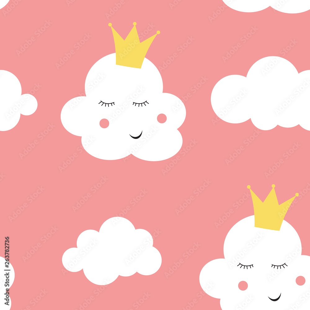 Childrens Seamless Pattern Background with Cloud Princess Vector Illustration