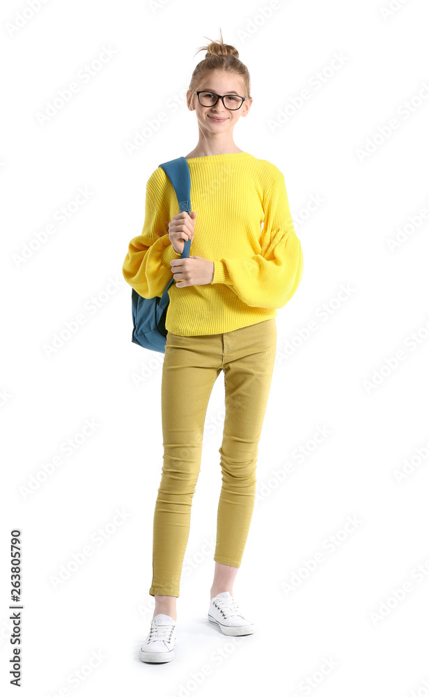 Portrait of cute teenage girl on white background