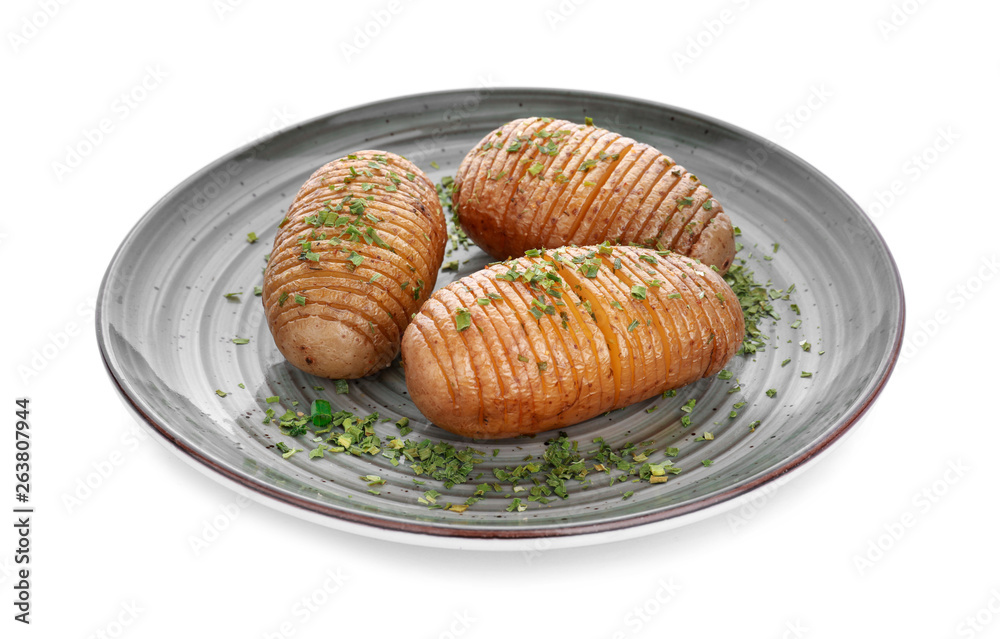 Plate with tasty baked potato on white background