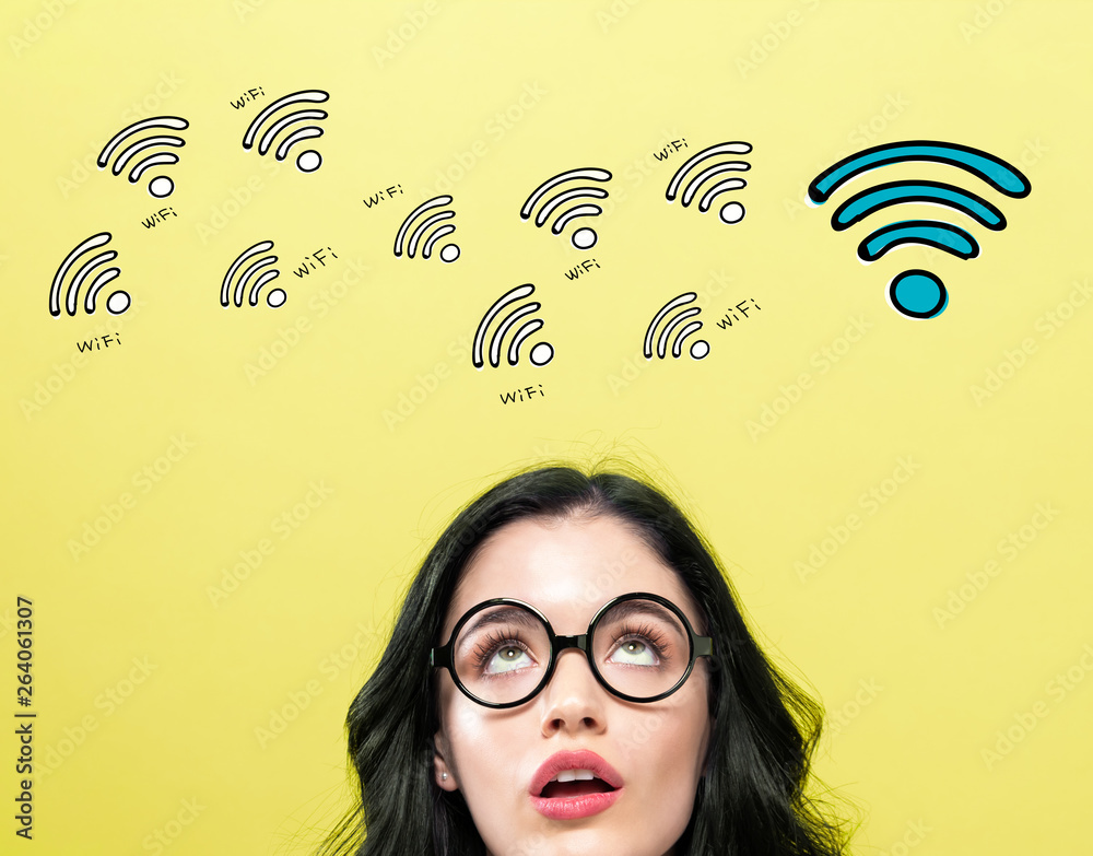 WiFi theme with young woman wearing eye glasses