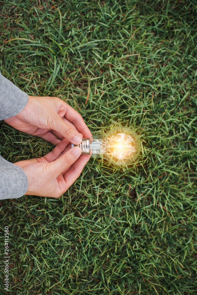 Hand holding light bulb with green background. idea solar energy in nature concept