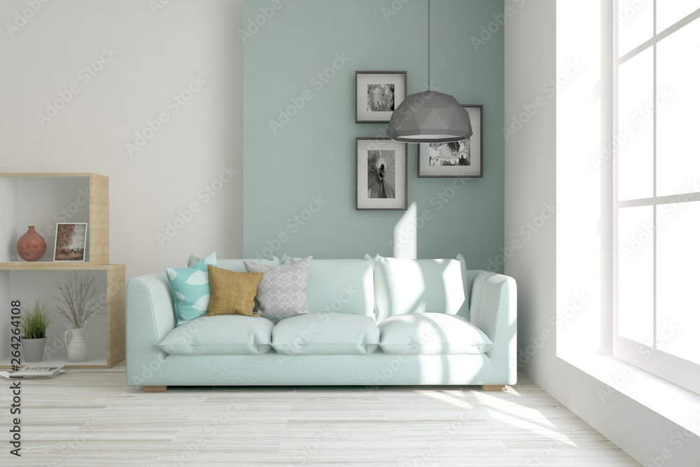 Stylish room in white color with sofa. Scandinavian interior design. 3D illustration