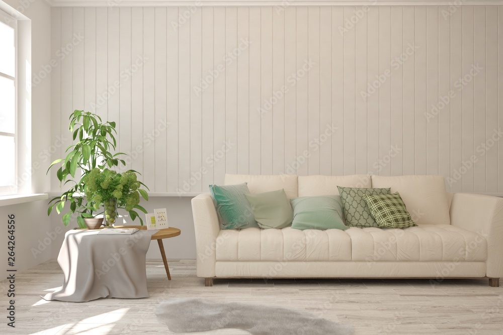 Stylish room in white color with sofa. Scandinavian interior design. 3D illustration