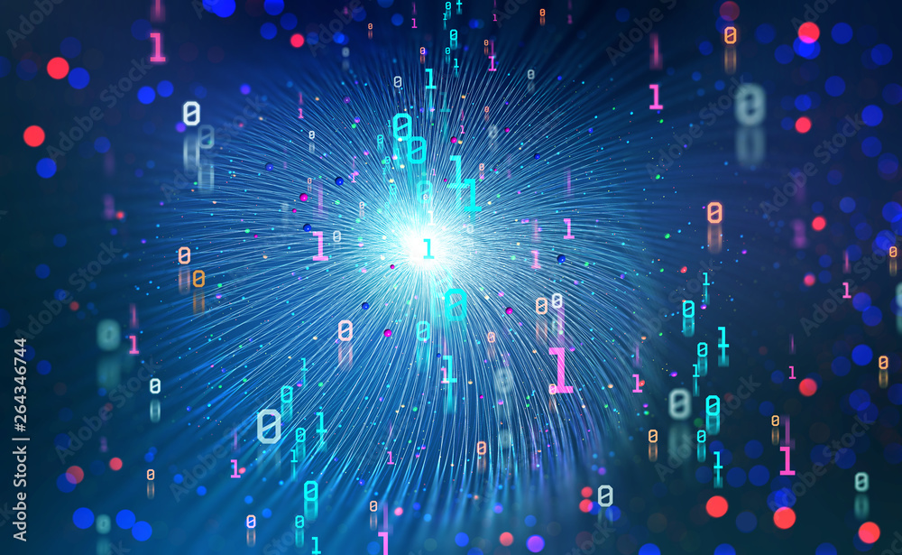 Digital technologies of the future. Unit and zero in binary code. Big data funnel in the global comp