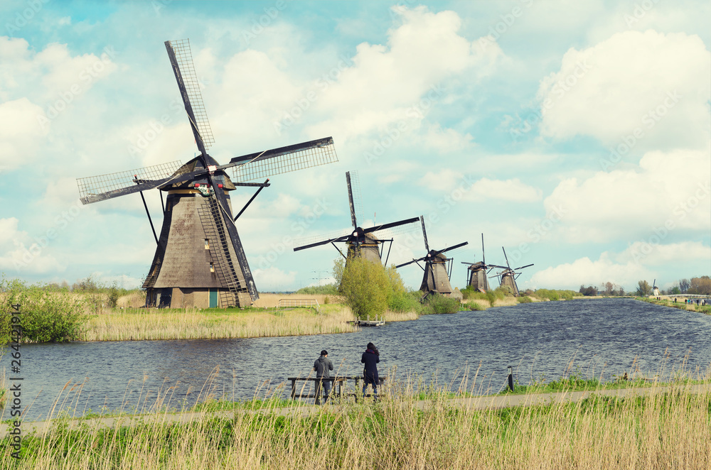 Netherlands traditional windmill landscape at Kinderdijk near Rotterdam in Netherlands.