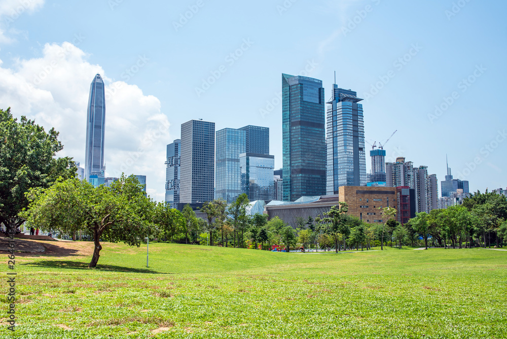 The large grassland of Shenzhen Lianhuashan Park and the CBD building of Futian District