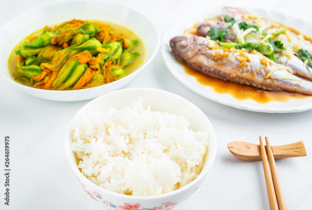 Chinese dish steamed red shirt fish and fried pumpkin flower