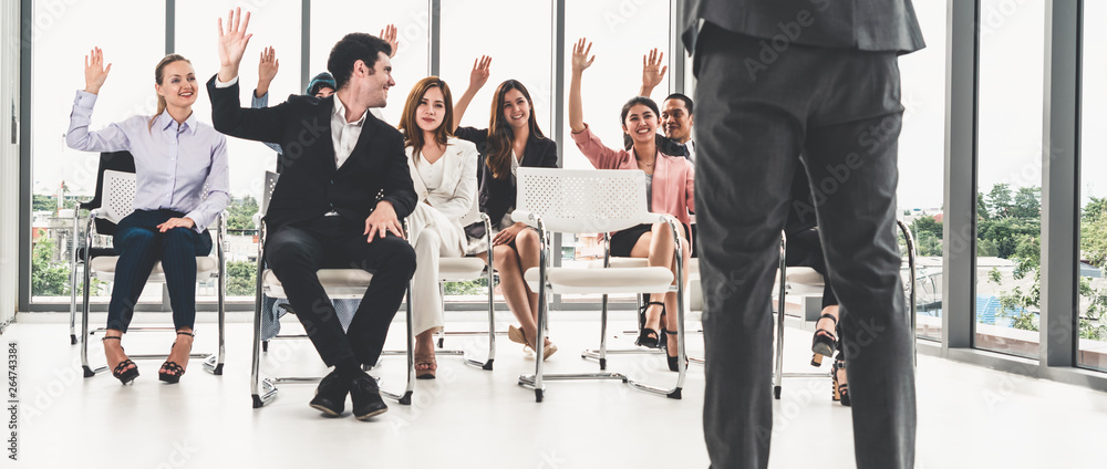 Businesswomen and businessmen attending group meeting conference in office room. Corporate business 