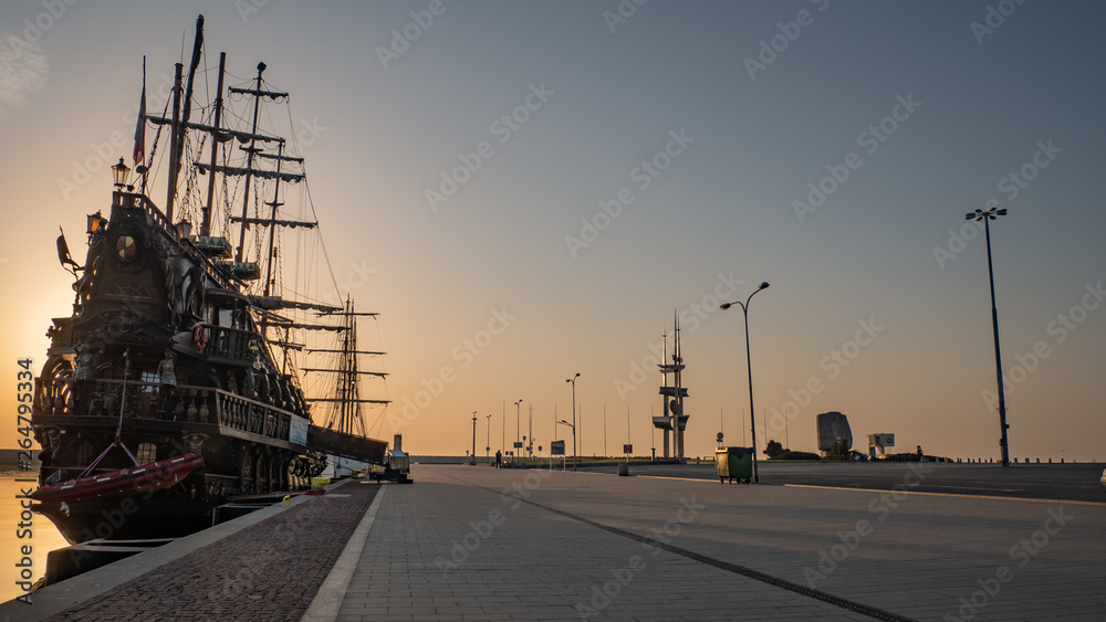 Kosciuszko promenade in the square in Gdynia. Amazing ships and Sails Monument and the monument of J