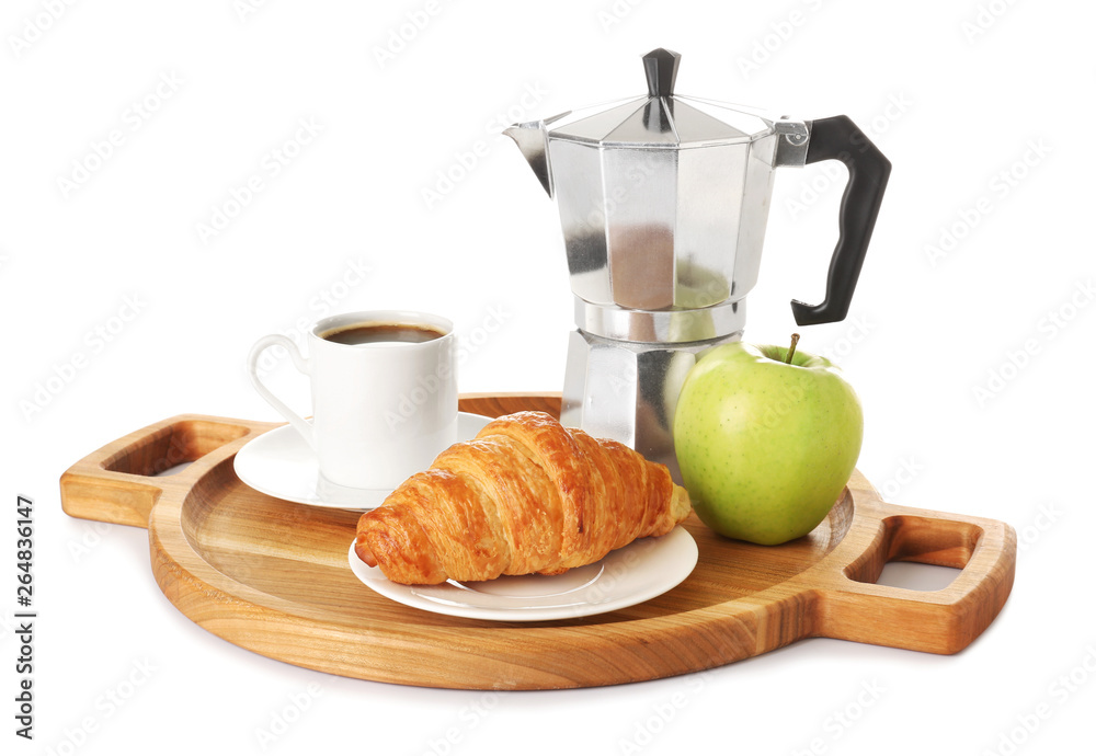 Tray with tasty breakfast on white background