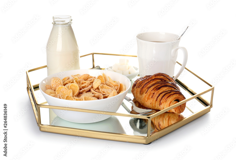 Tray with tasty breakfast on white background