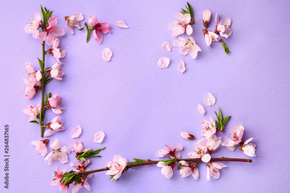 Frame made of beautiful blooming branches on color background