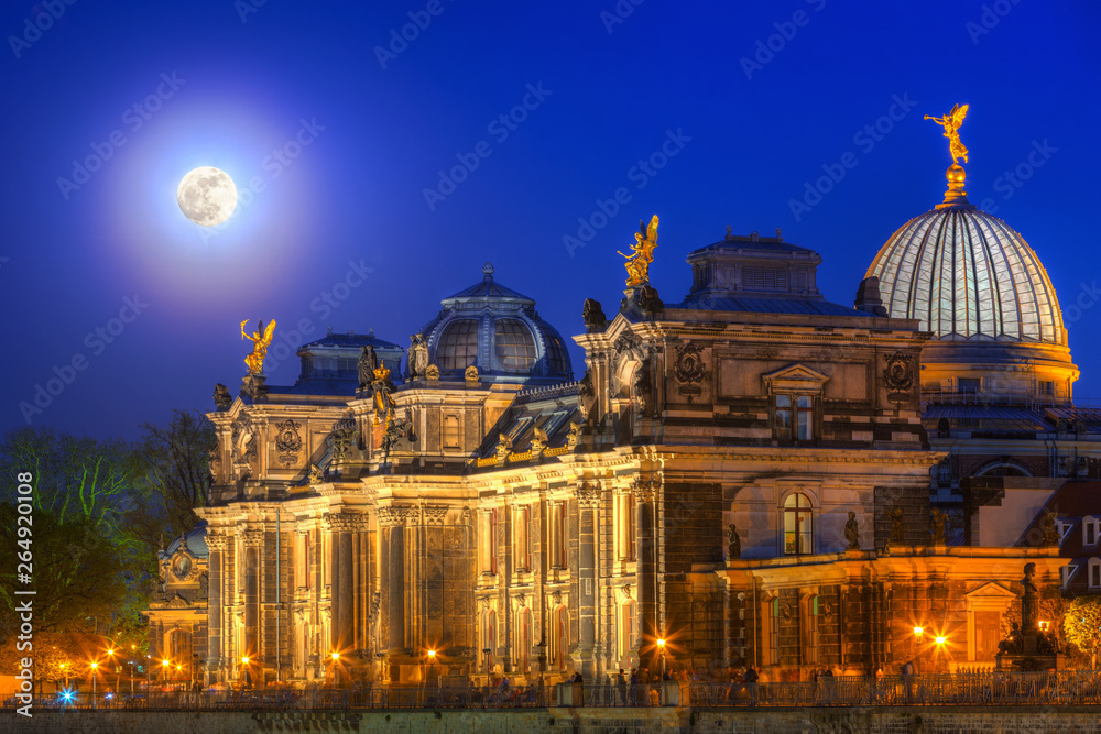 Beautiful architecture of the old town in Dresden at night, Saxony. Germany