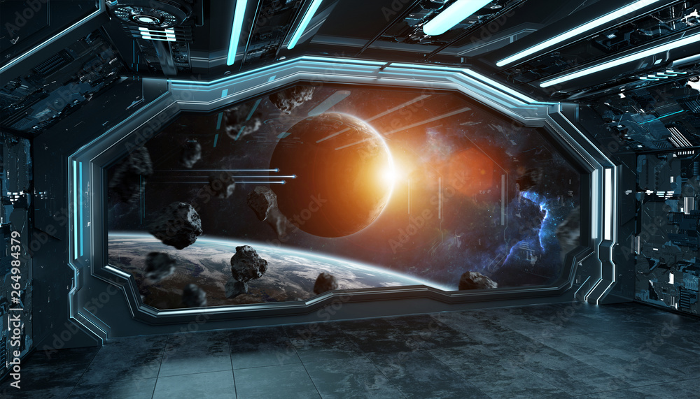 Dark blue spaceship futuristic interior with window view on space and planets 3d rendering