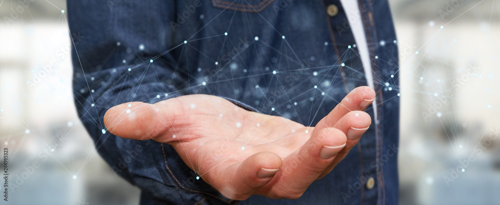 Businessman using floating digital network connections with dots and lines 3D rendering