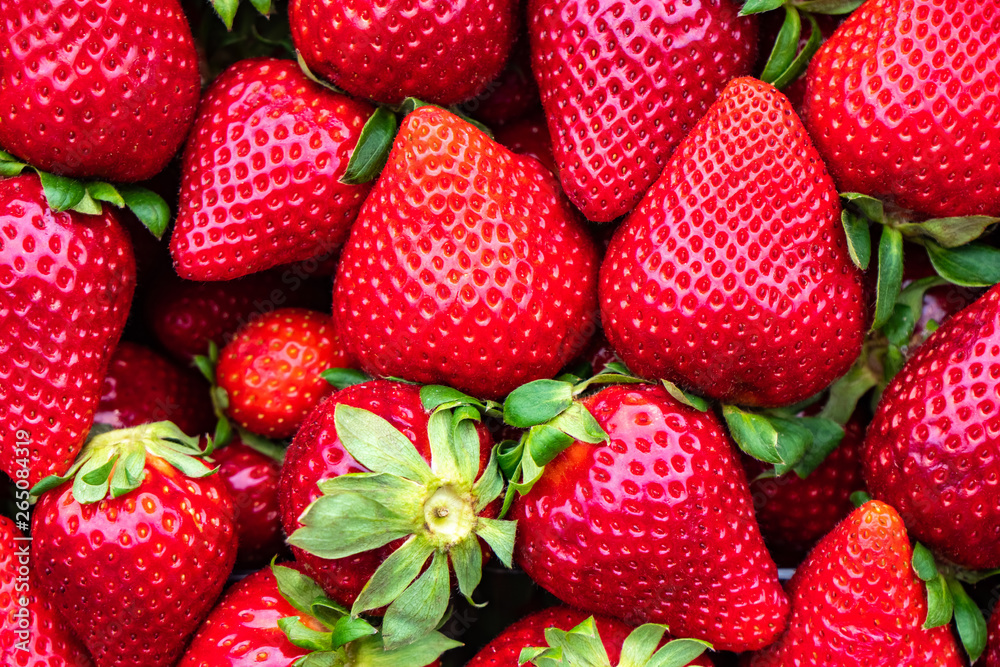 red strawberries pattern in market, fresh strawberries texture, fruit