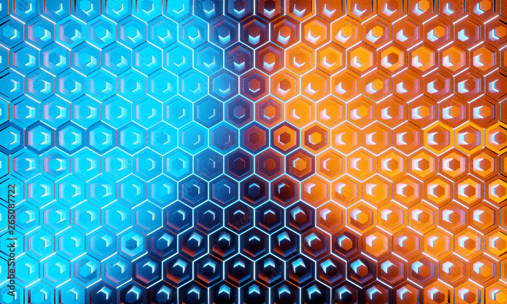 Glowing black blue and orange hexagons background pattern on silver metal surface 3D rendering