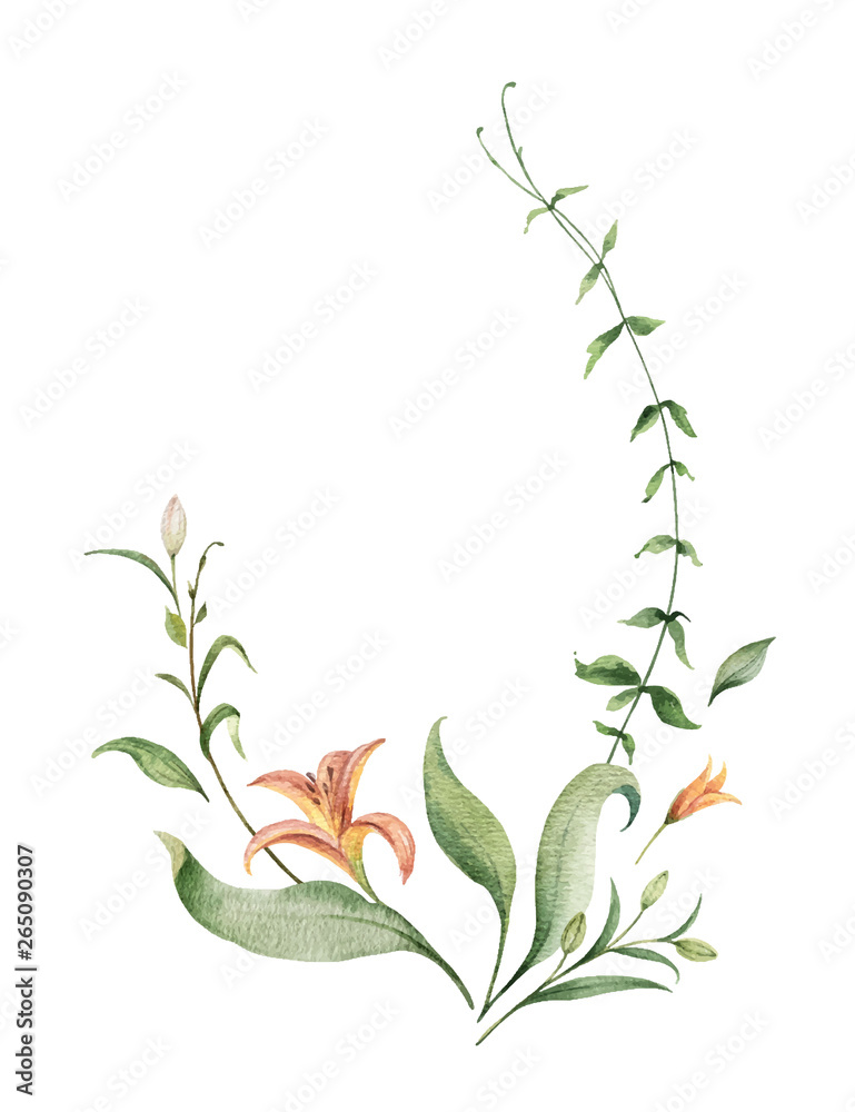 Watercolor vector wreath of orange Lily flowers and green leaves.