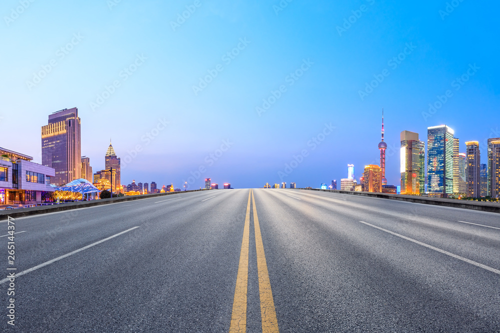 Highway road and skyline of modern urban buildings in Shanghai