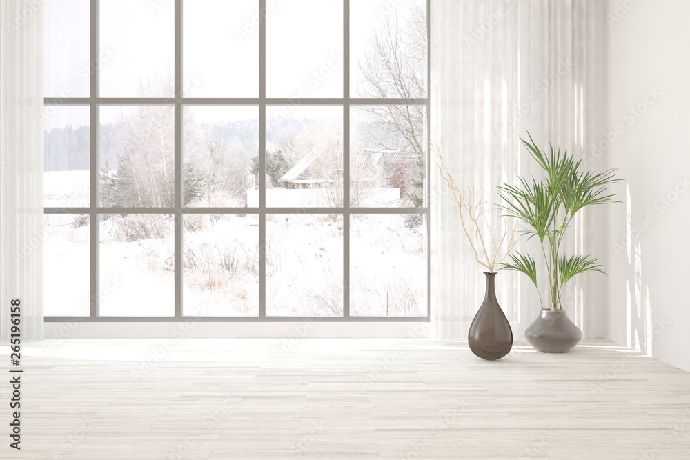 Mock up of empty room in white color with winter landscape in window. Scandinavian interior design. 