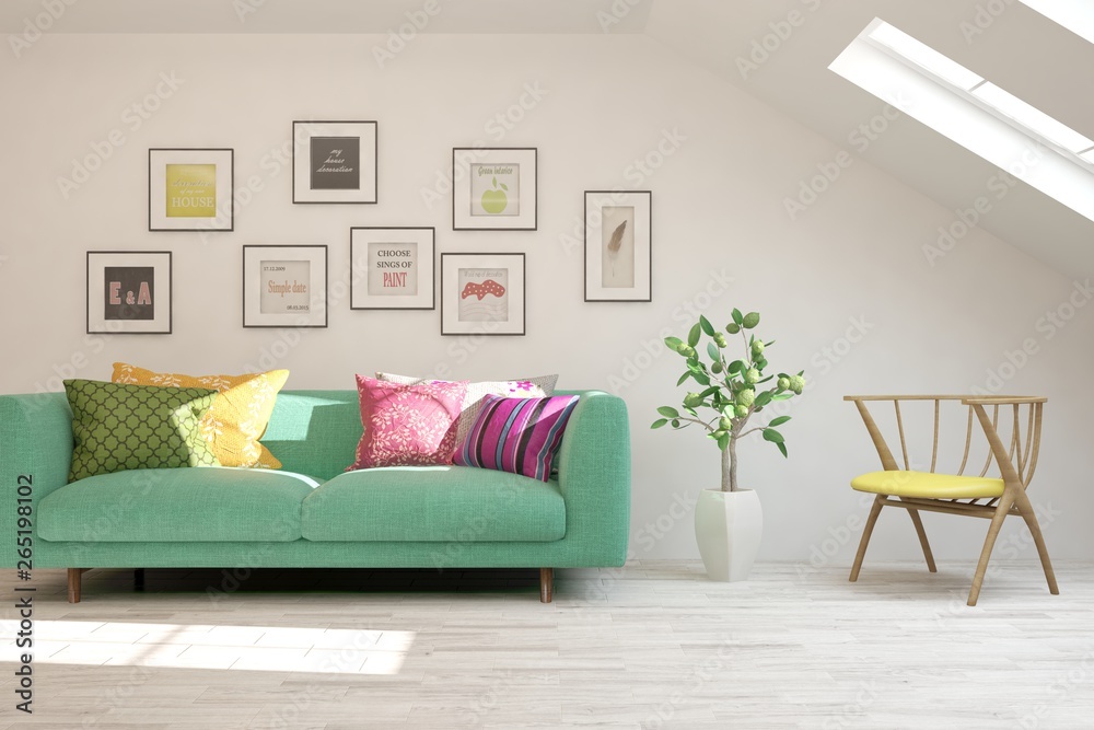 Stylish room in white color with sofa. Scandinavian interior design. 3D illustration