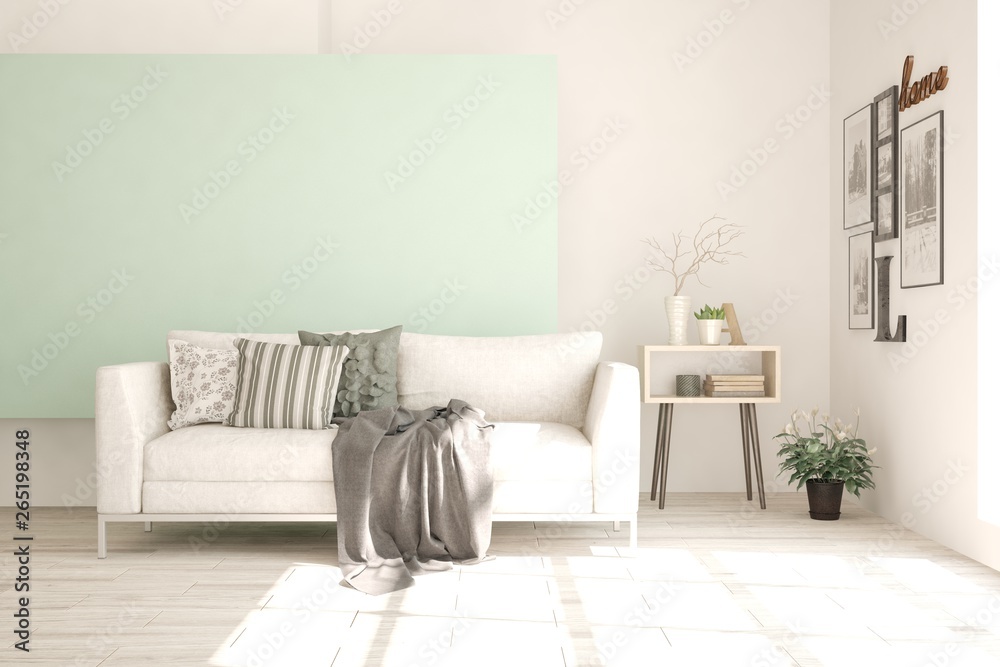 Stylish room in white color with sofa. Scandinavian interior design. 3D illustration