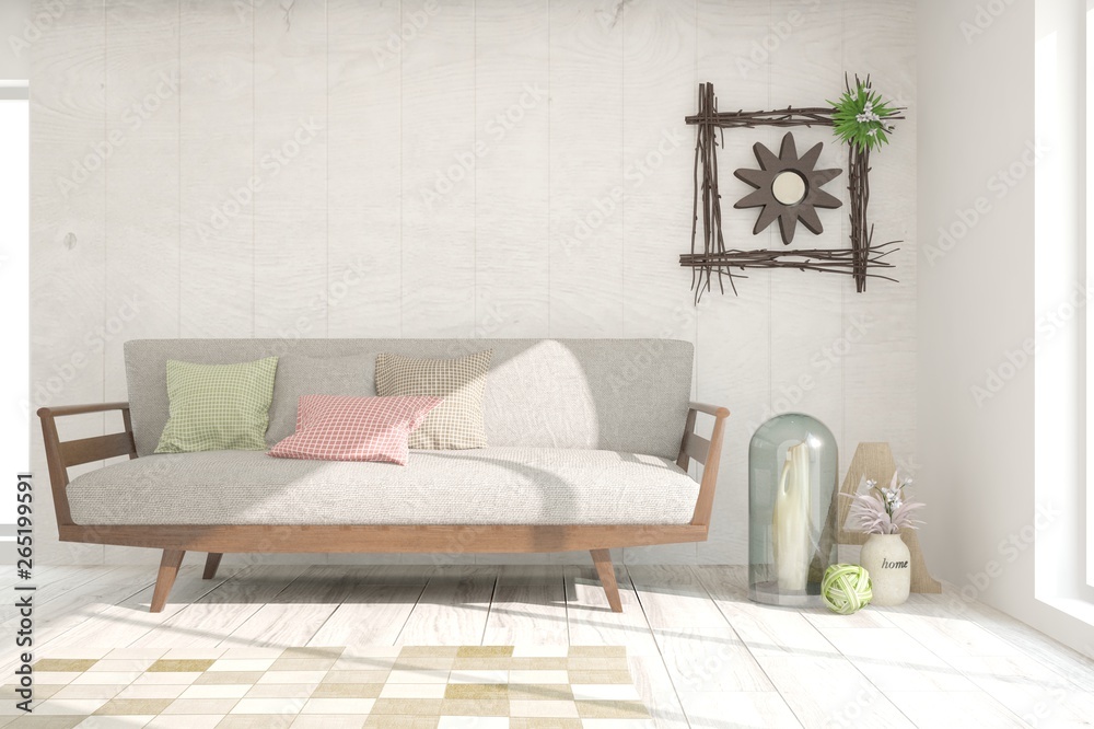 Stylish room in white color with sofa. Scandinavian interior design. 3D illustration