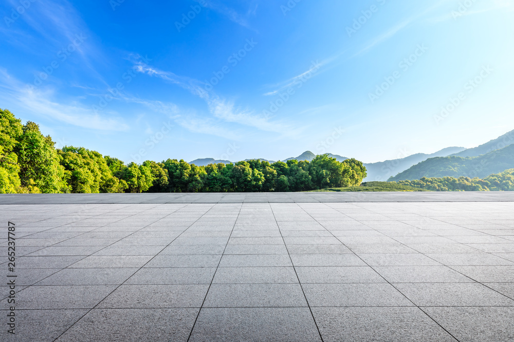 Empty square floor and green mountain natural landscape