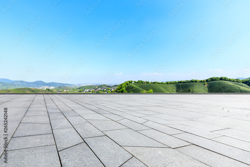 Empty square floor and green mountain natural landscape