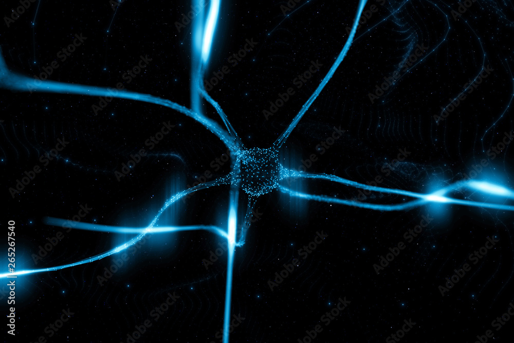 Artistic blue colored neuron cell in the brain on black 3d illustration background.