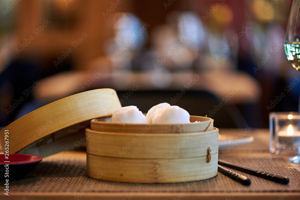 Dim Sum in Bamboo Steamed Bowl asian Restaurant