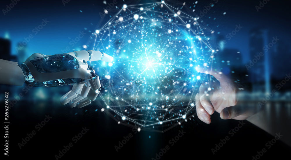 Robot hand and human hand touching digital sphere network on dark background 3D rendering