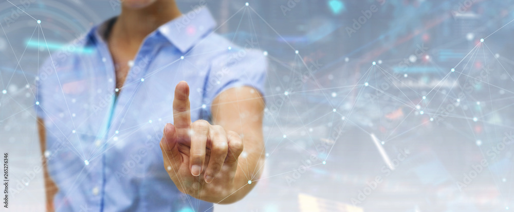 Woman using floating digital network connections with dots and lines 3D rendering