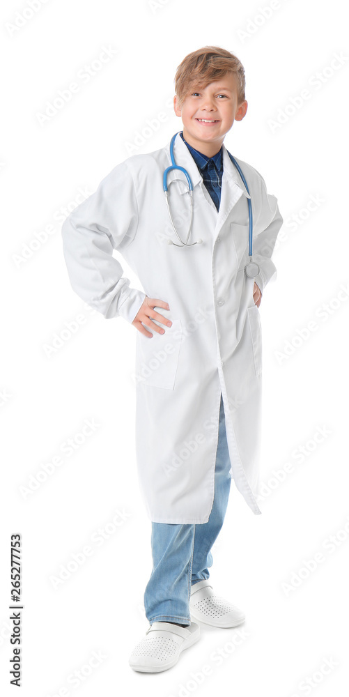 Portrait of little doctor on white background