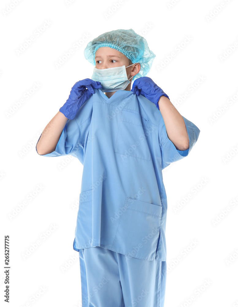 Portrait of little surgeon on white background