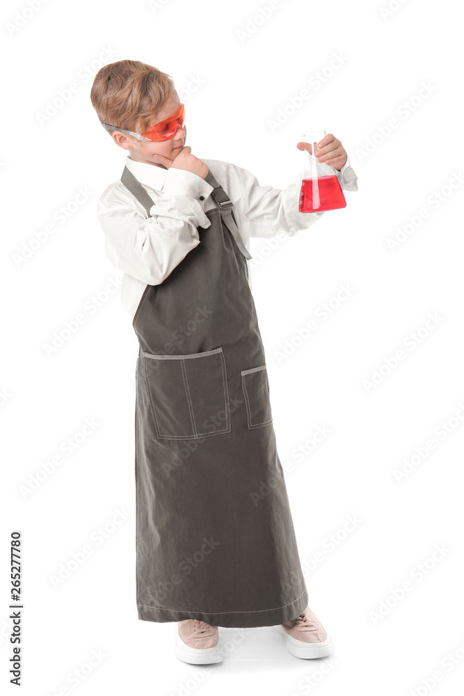 Portrait of little chemist on white background