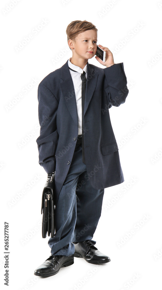 Portrait of little businessman talking by phone on white background