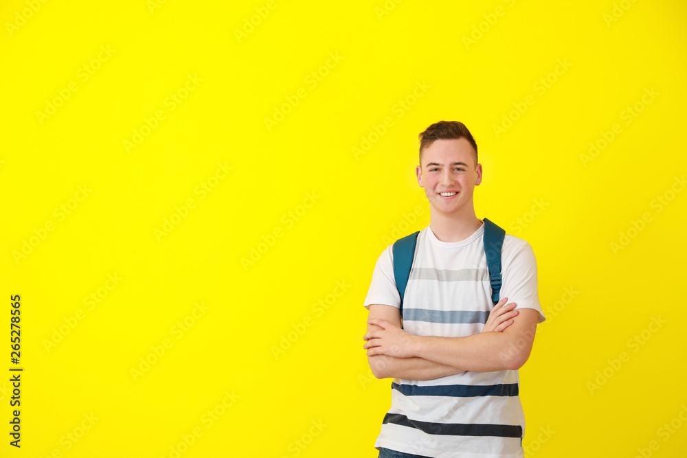 Cute teenage boy on color background