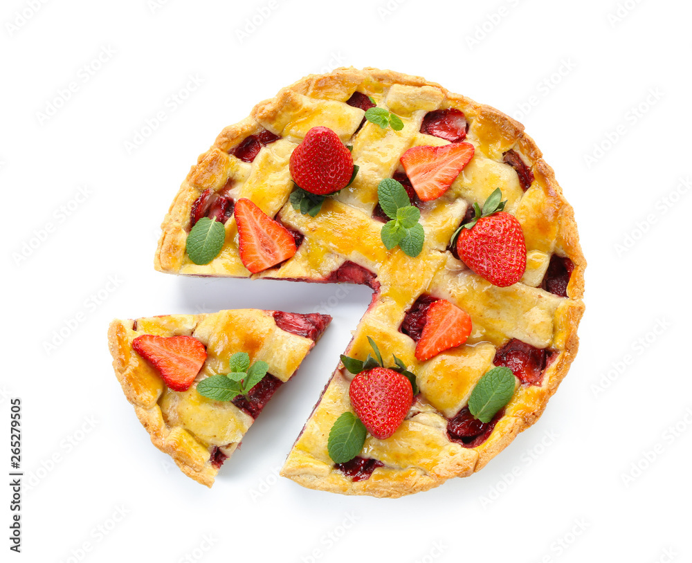 Tasty strawberry pie on white background