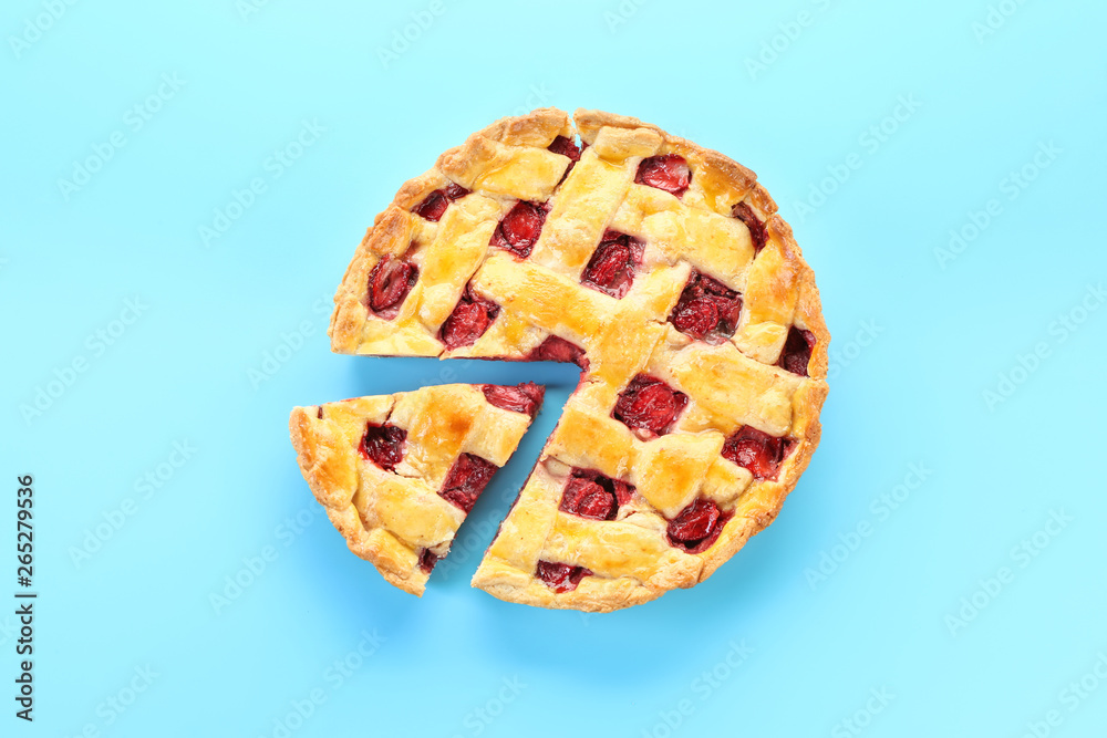 Tasty strawberry pie on color background