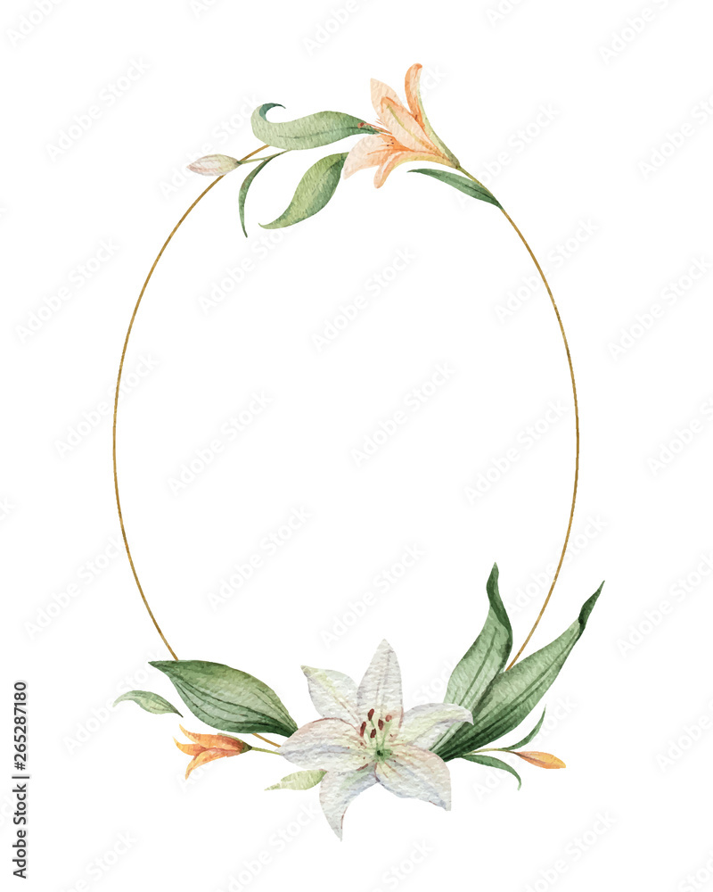 Watercolor vector wreath of orange Lily flowers and green leaves.