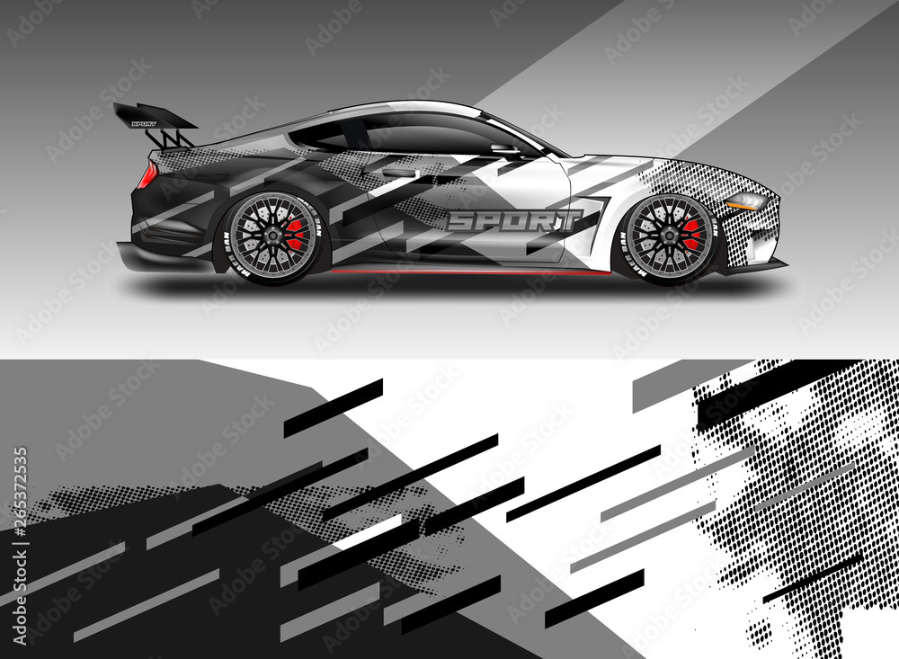 Sport Car decal wrap design vector. Graphic abstract stripe racing background kit designs for vehicl