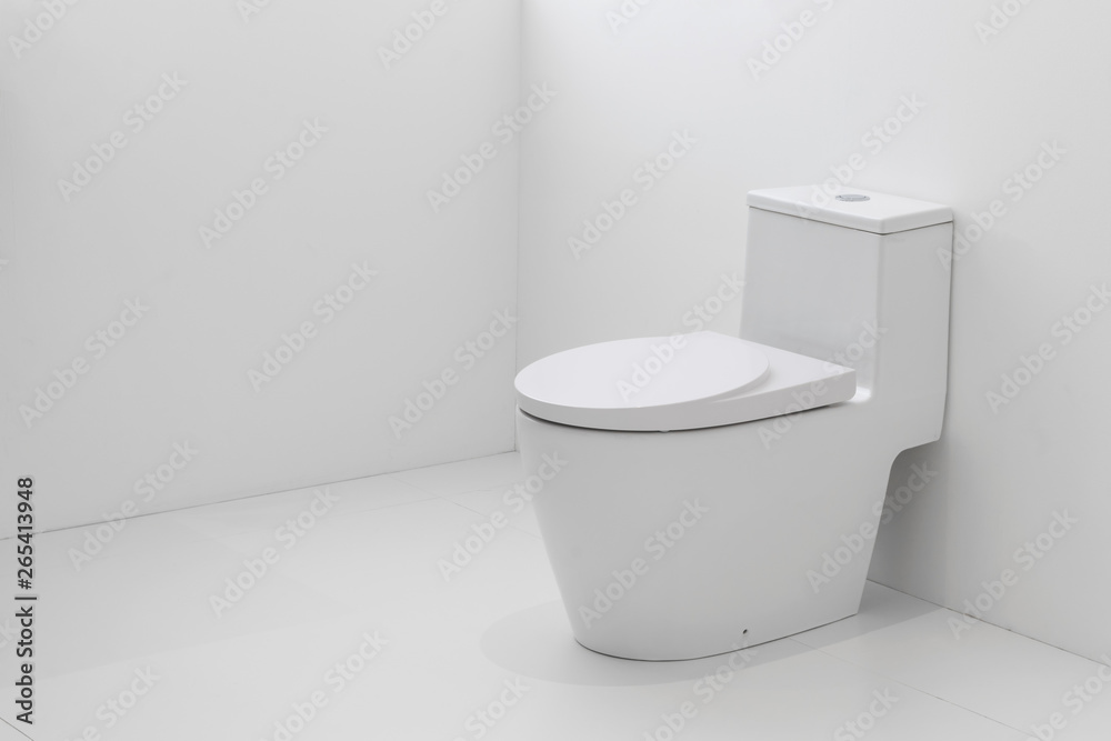 White flush toilet in white bathroom.