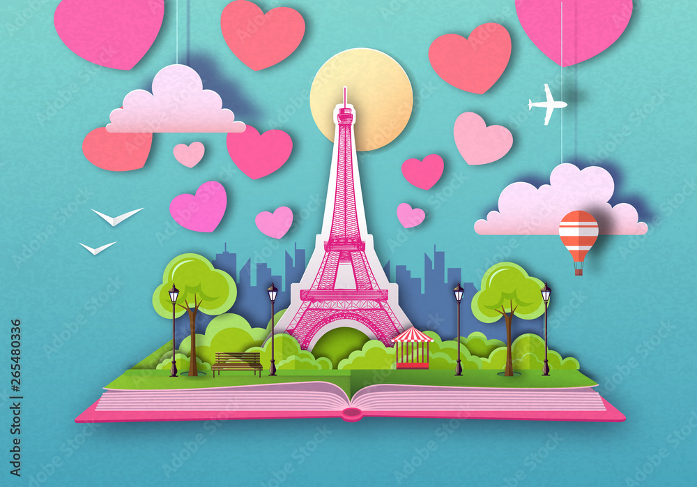 Open fairy tale book with Paris city landscape and Eiffel Tower. Cut out paper art style design