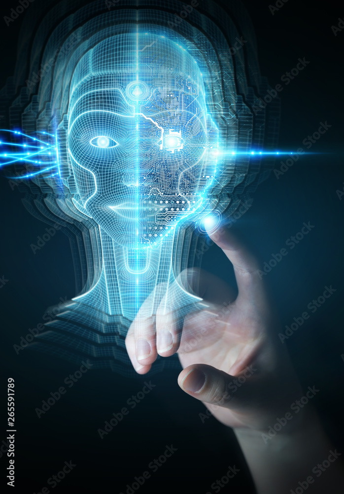 Businessman using digital artificial intelligence head interface 3D rendering