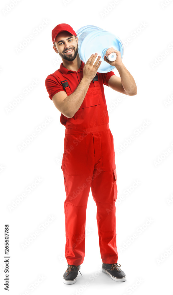 Delivery man with bottle of water on white background