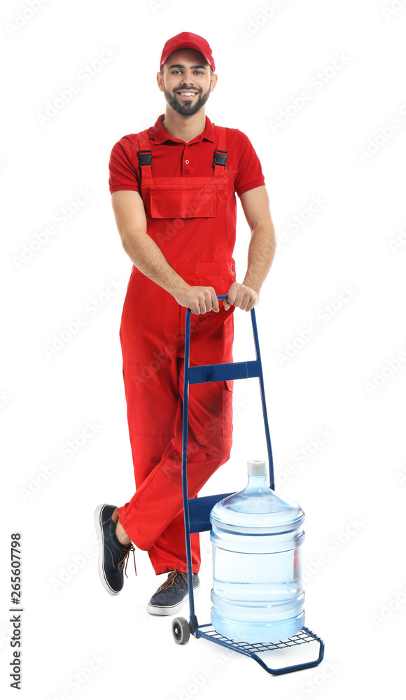 Delivery man with bottle of water on white background